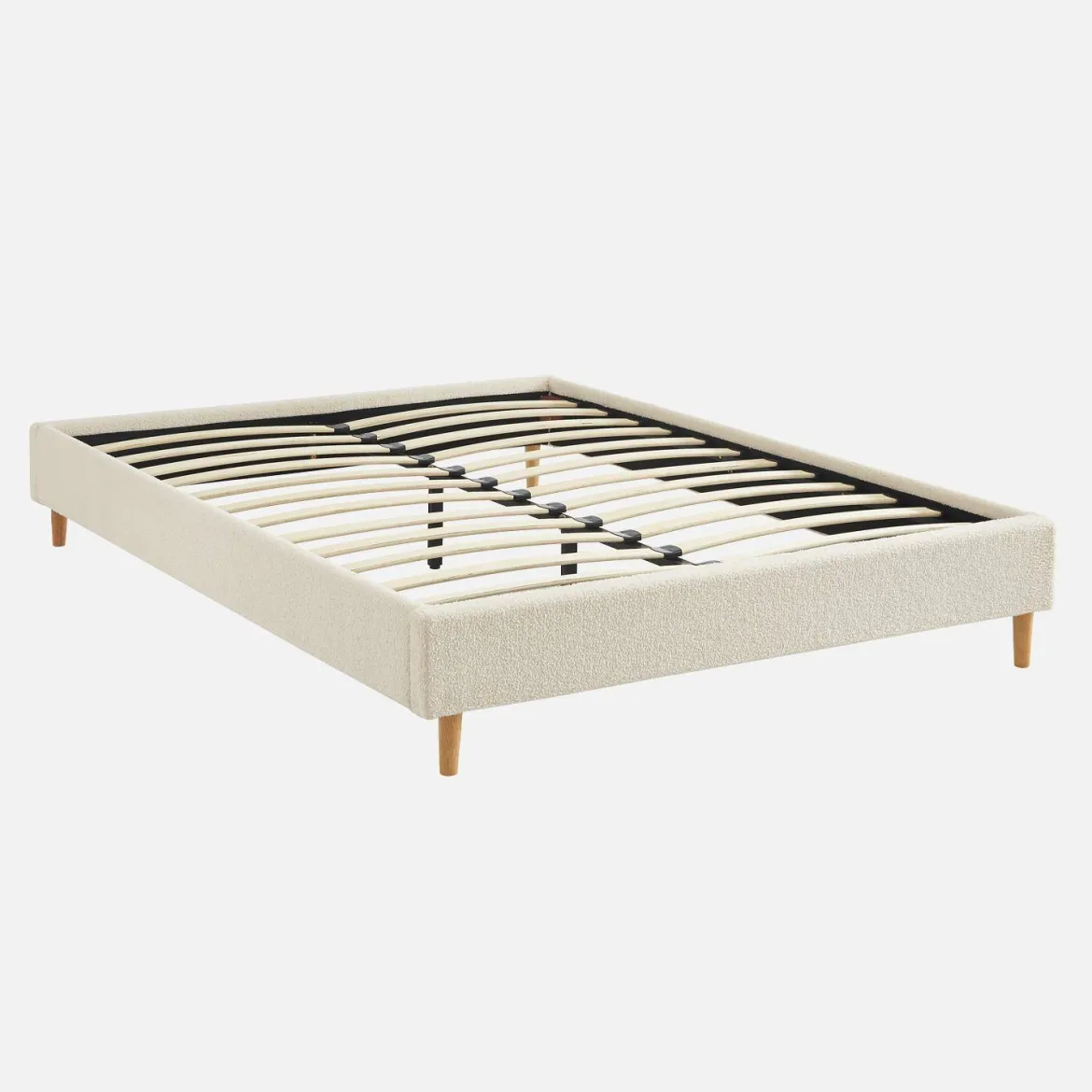 Struttura letto con rete a doghe, finitura bouclé, bianco