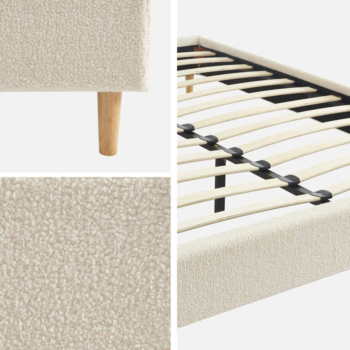 Struttura letto con rete a doghe, finitura bouclé, bianco