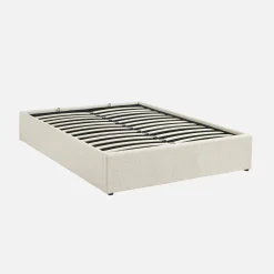 Struttura letto con contenitore e rete a doghe, imbottita bouclé bianco