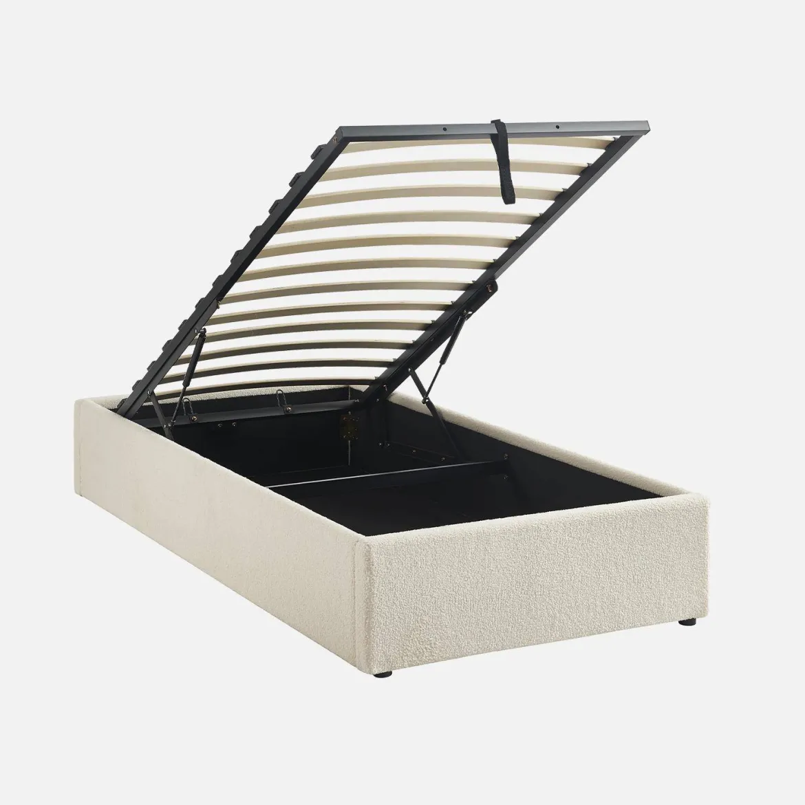 Struttura letto con contenitore e rete a doghe, imbottita bouclé bianco
