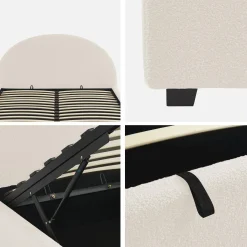 Struttura letto con contenitore e testiera 140x190cm, imbottita bouclé