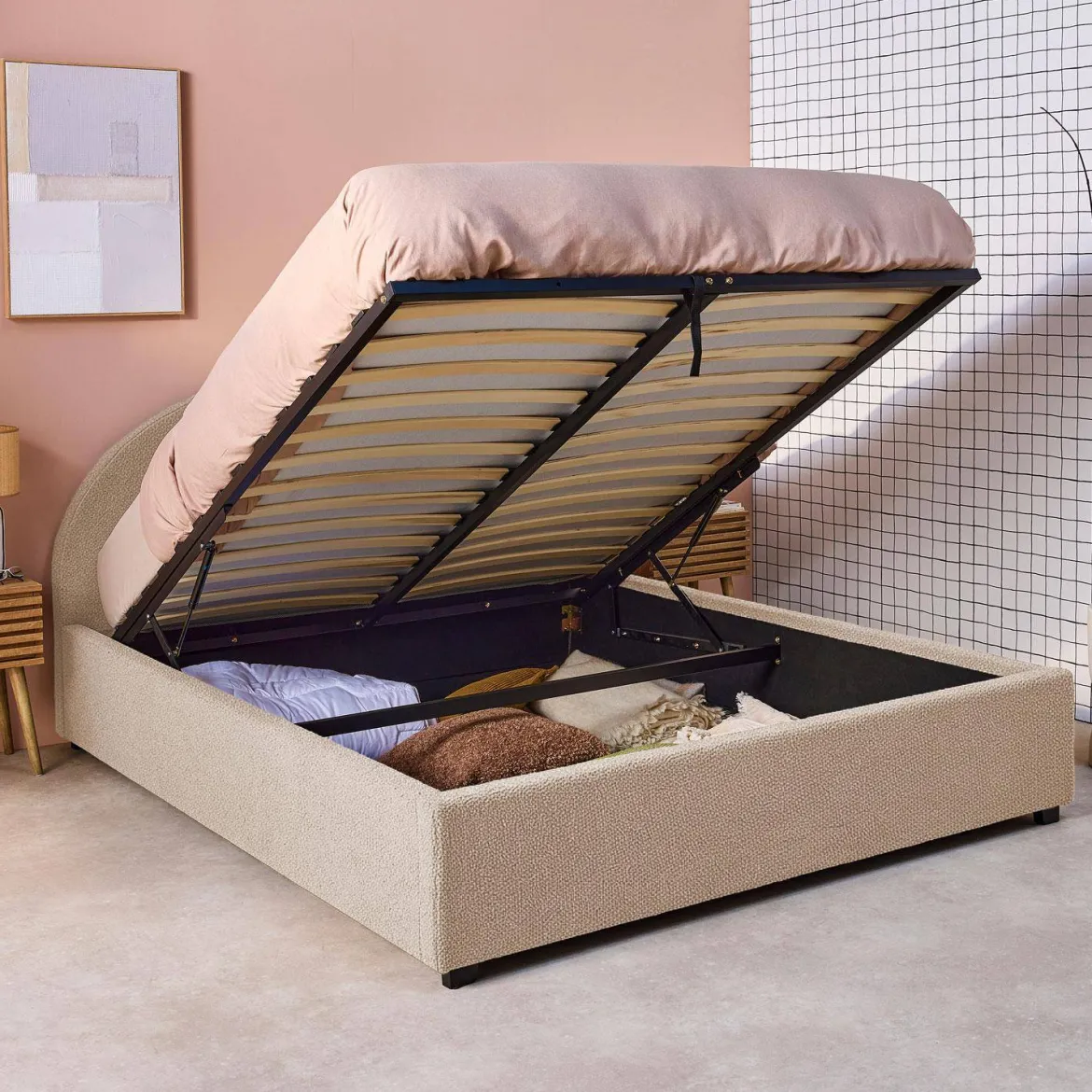 Struttura letto con contenitore e testiera 140x190cm, imbottita bouclé