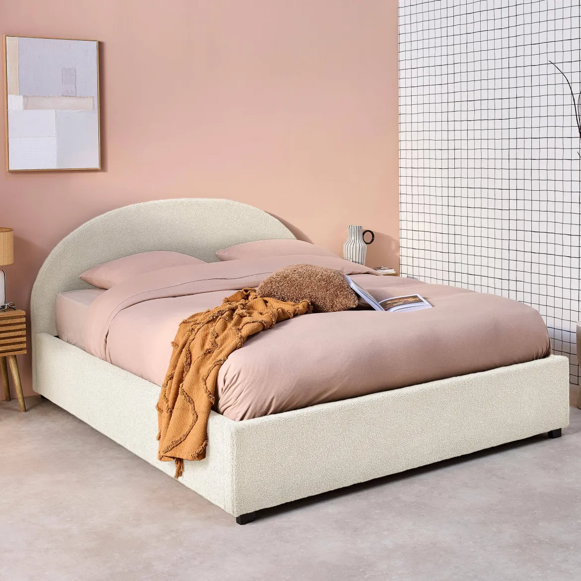 Struttura letto con contenitore e testiera imbottita bouclé, 160x200cm