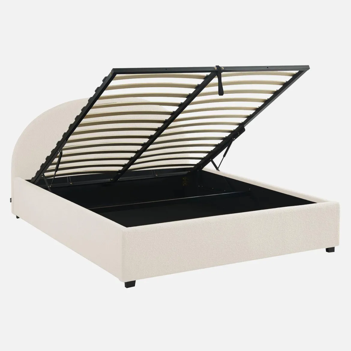 Struttura letto con contenitore e testiera imbottita bouclé, 160x200cm