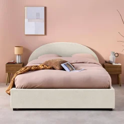 Struttura letto con contenitore e testiera imbottita bouclé, 160x200cm