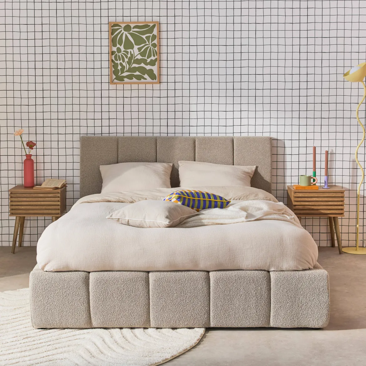 Struttura letto con contenitore e testiera 140cmx190cm, imbottita bouclé