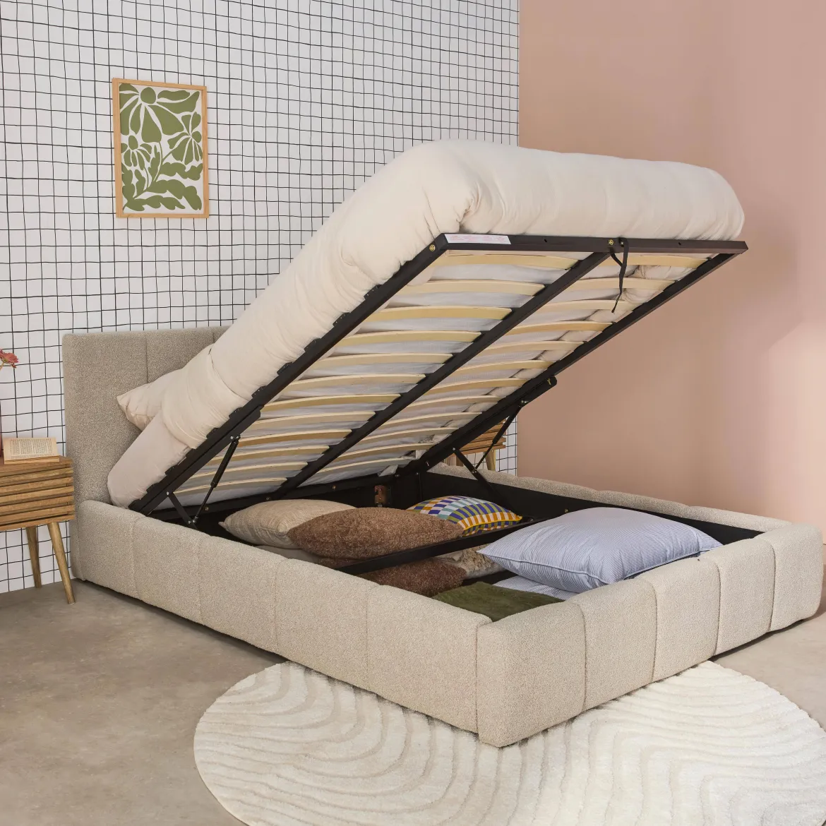 Struttura letto con contenitore e testiera 140cmx190cm, imbottita bouclé