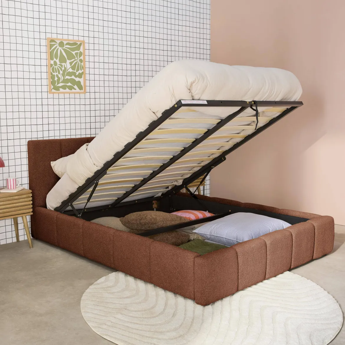 Struttura letto con contenitore e testiera 140cmx190cm, imbottita bouclé