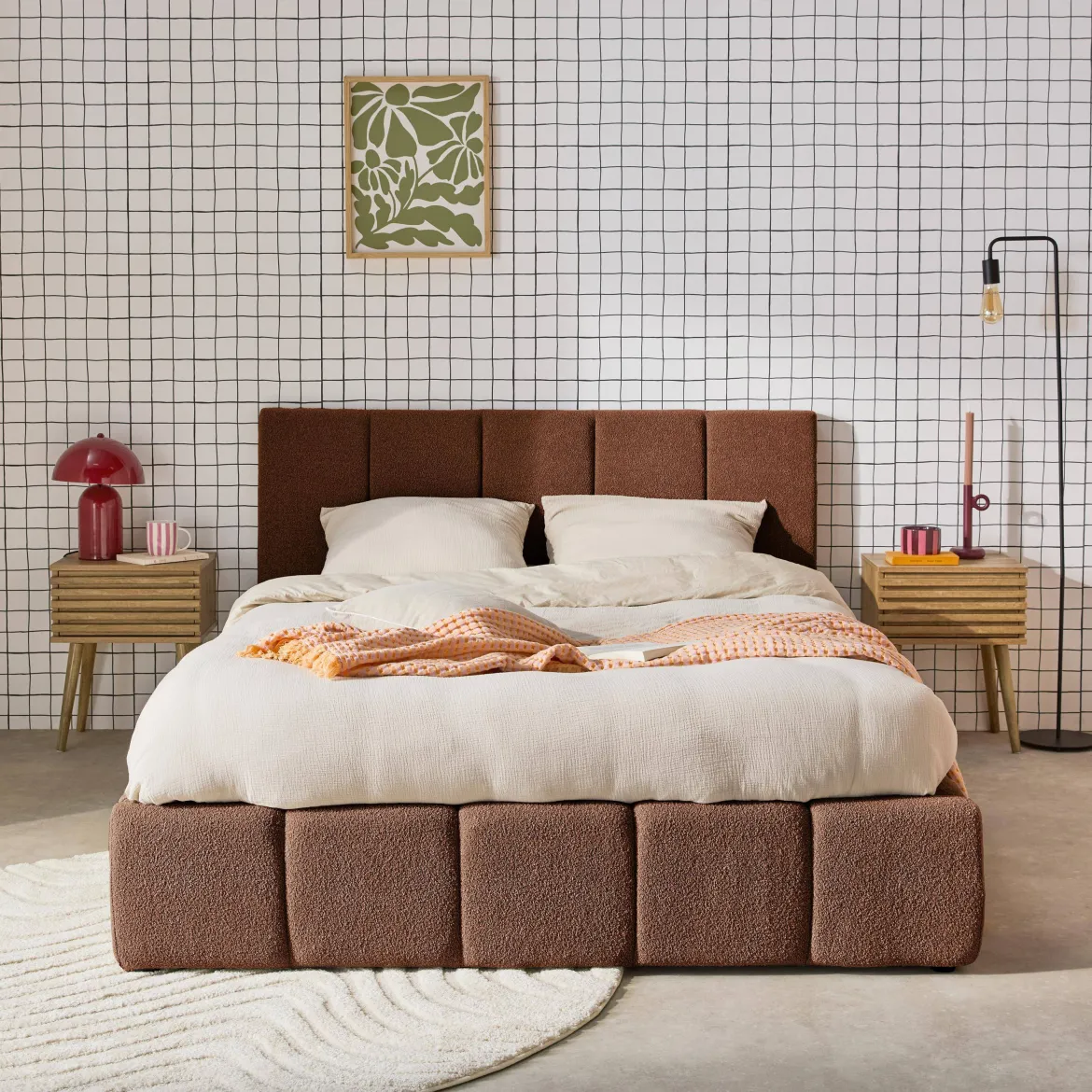 Struttura letto con contenitore e testiera 140cmx190cm, imbottita bouclé