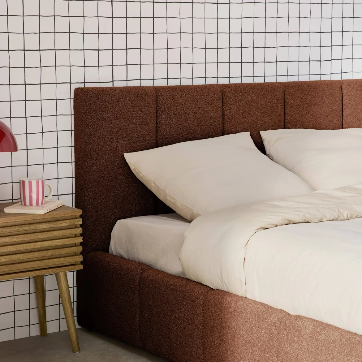 Struttura letto con contenitore e testiera 140cmx190cm, imbottita bouclé