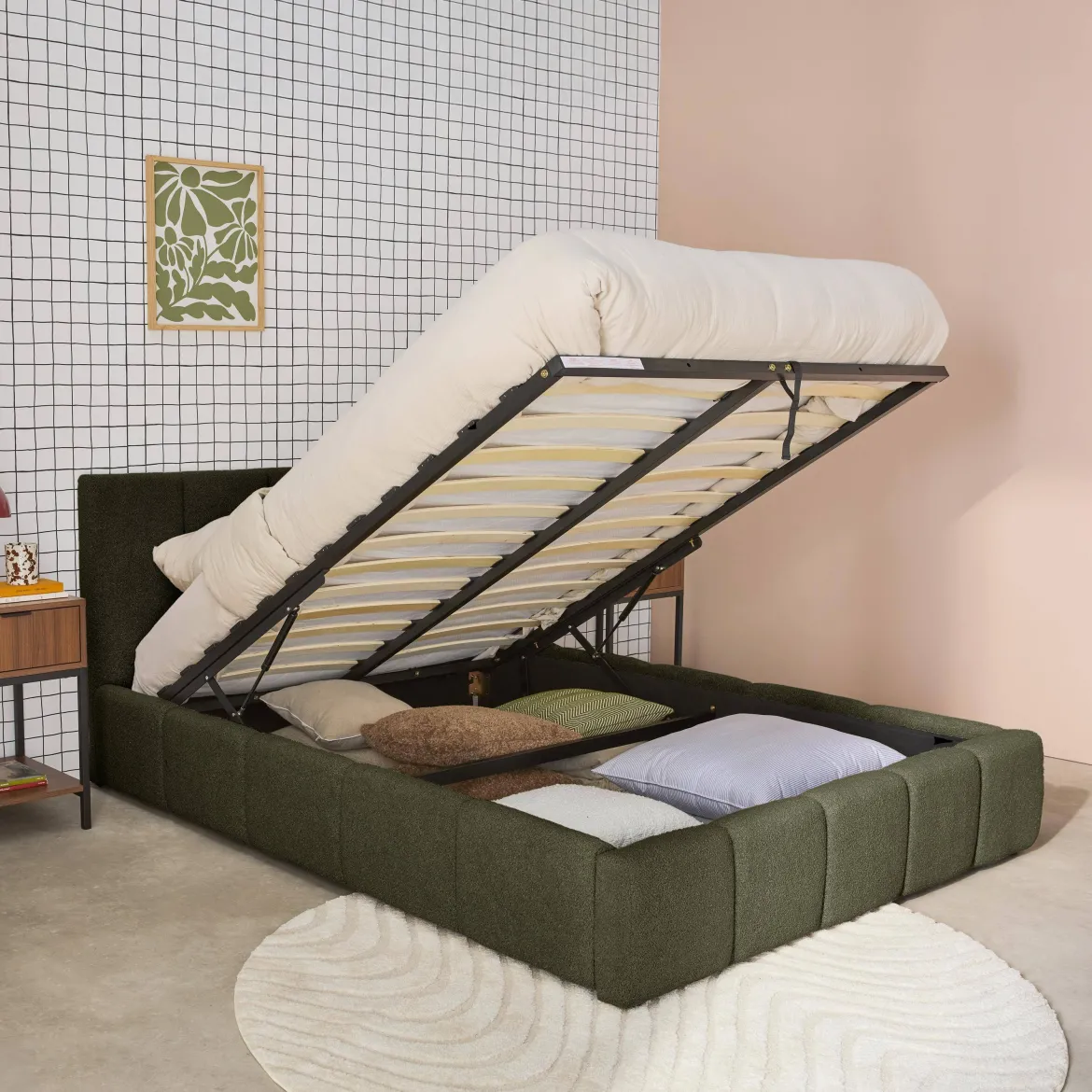 Struttura letto con contenitore e testiera 140cmx190cm, imbottita bouclé