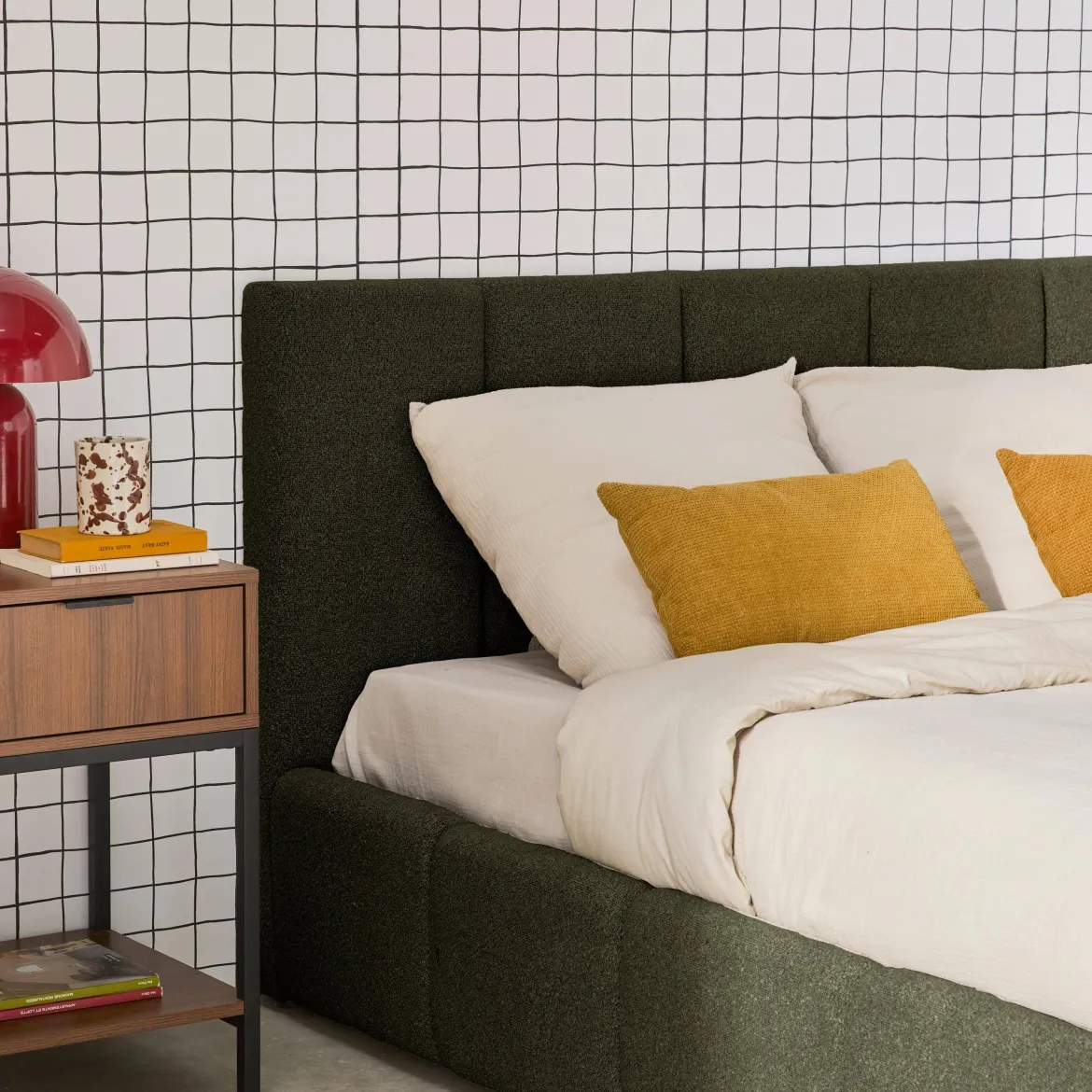 Struttura letto con contenitore e testiera 140cmx190cm, imbottita bouclé