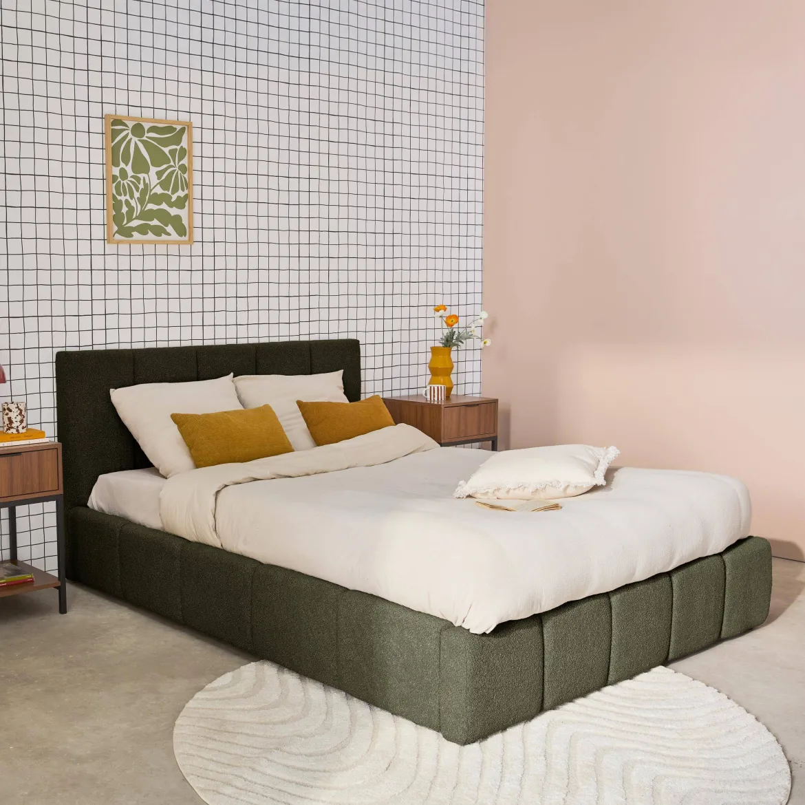 Struttura letto con contenitore e testiera 140cmx190cm, imbottita bouclé