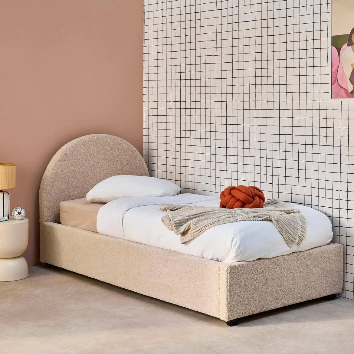 Struttura letto con contenitore e testiera 90x190cm, imbottita bouclé