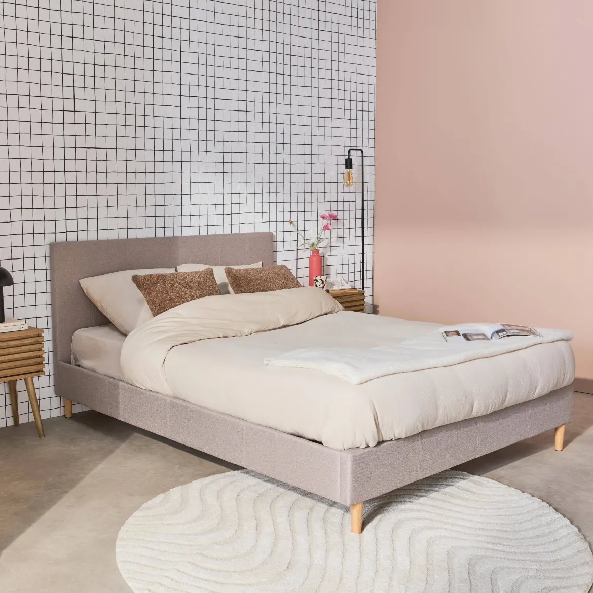Struttura letto con rete a doghe e testiera 140x190cm, tessuto semplice