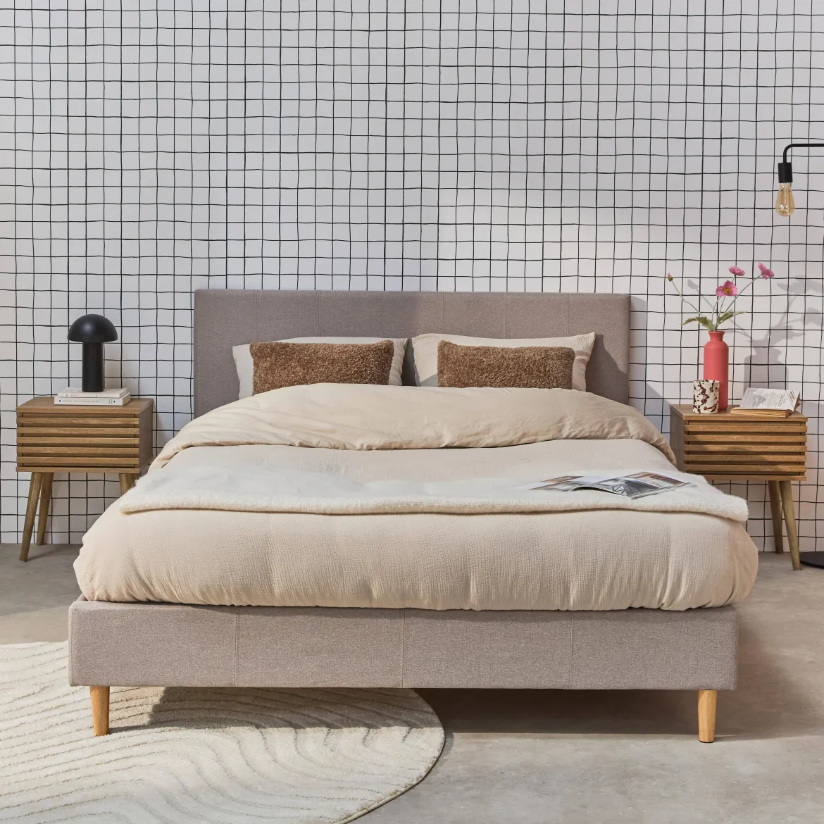 Struttura letto con rete a doghe e testiera 140x190cm, tessuto semplice