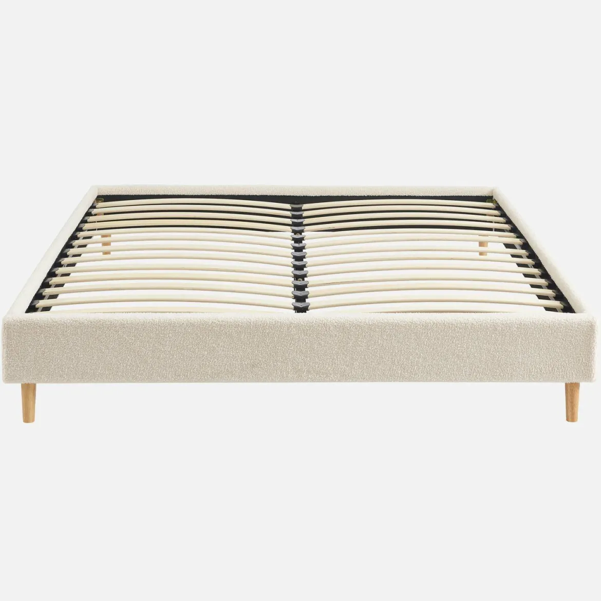 Struttura letto con rete a doghe, finitura bouclé, bianco