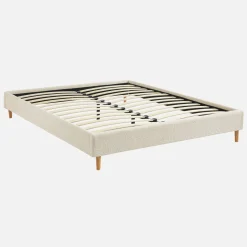 Struttura letto con rete a doghe, finitura bouclé, bianco