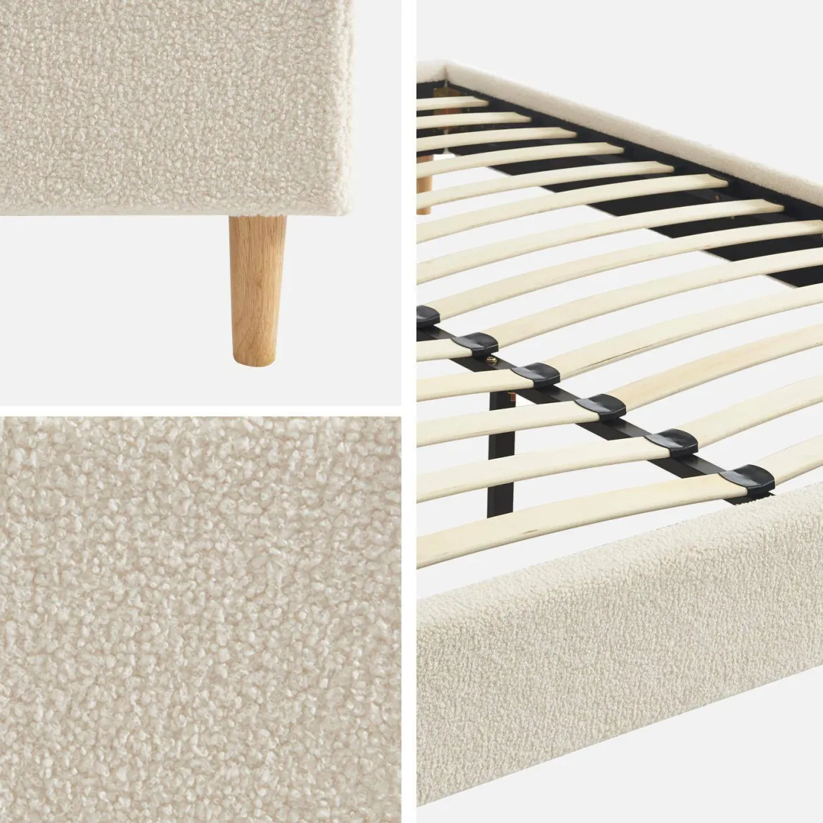 Struttura letto con rete a doghe, finitura bouclé, bianco