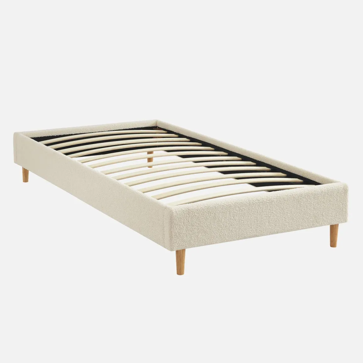 Struttura letto con rete a doghe, finitura bouclé, bianco