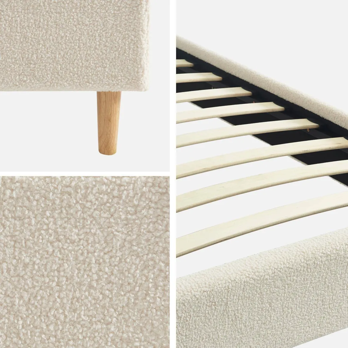 Struttura letto con rete a doghe, finitura bouclé, bianco