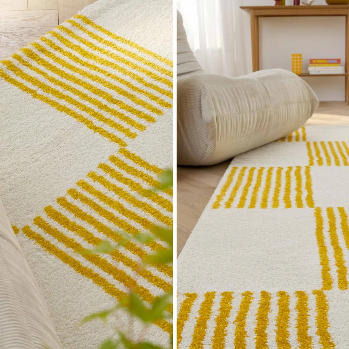Tappeto interno a scacchi giallo e bianco