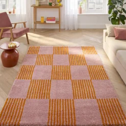 Tappeto interno a scacchi arancione e rosa