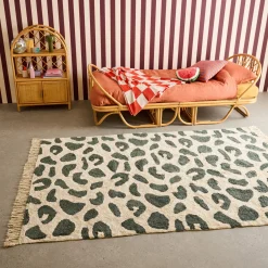 Tappeto interno cotone motivo maculato verde scuro con frange