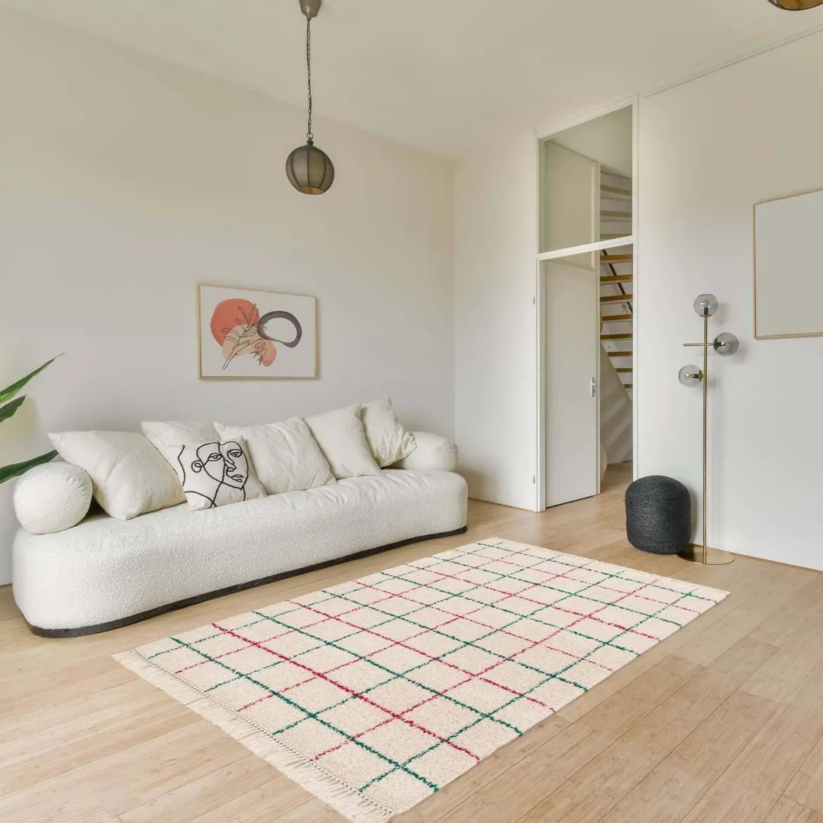 Tappeto interno shaggy motivo a griglia multicolore con frange