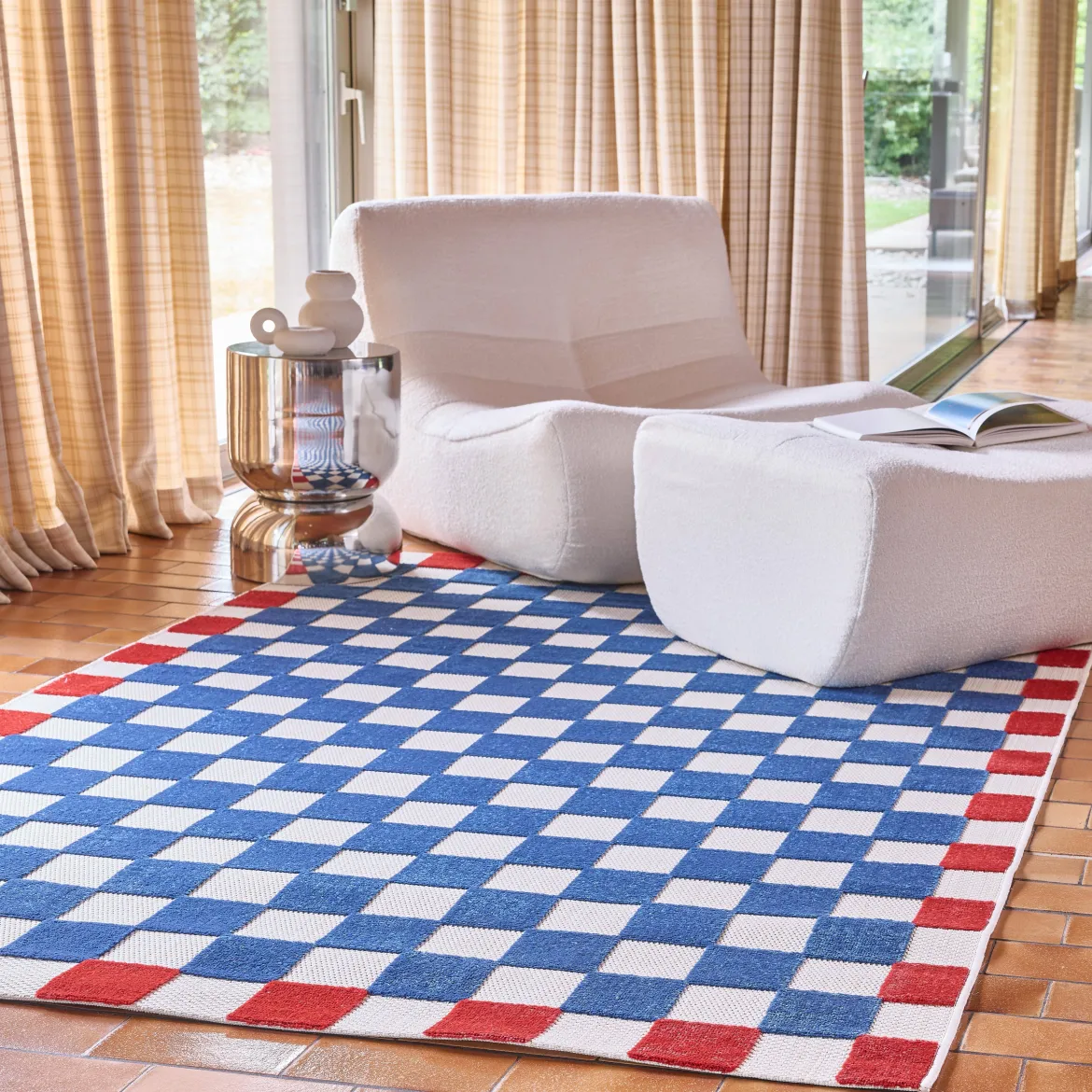 Tappeto da interno/esterno a scacchi blu e rosso
