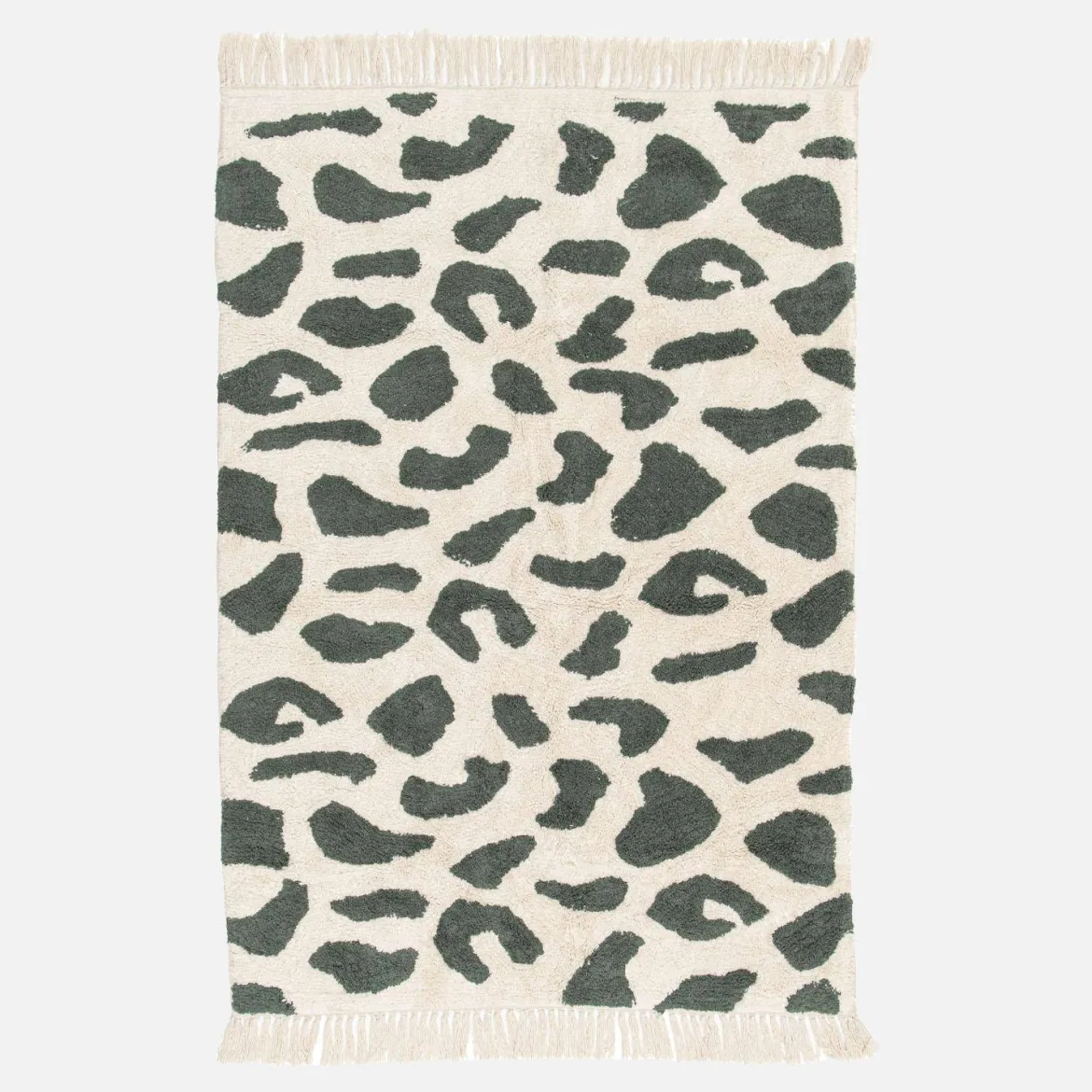 Tappeto interno cotone motivo maculato verde scuro con frange