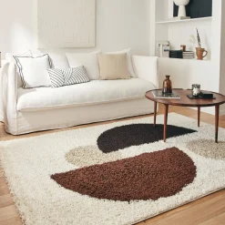 Tappeto interno shaggy motivi circolari beige, marrone, nero