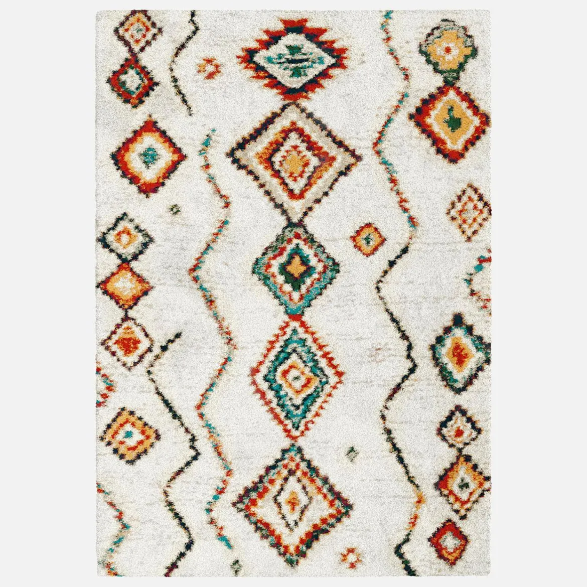 Tappeto shaggy per interni, stile berbero, crema e multicolore