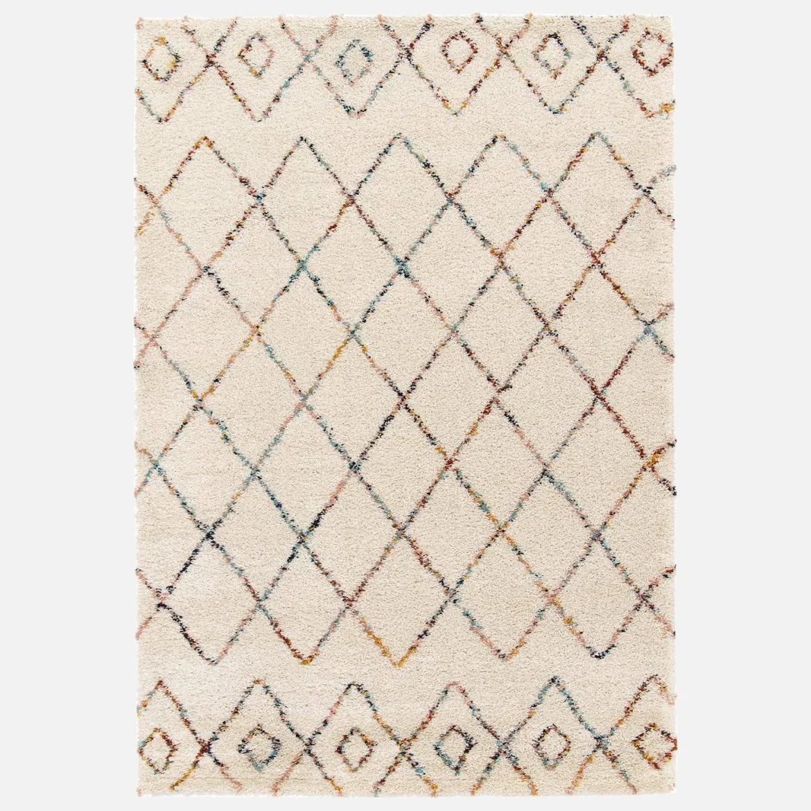Tappeto shaggy per interni, stile berbero, crema e multicolore