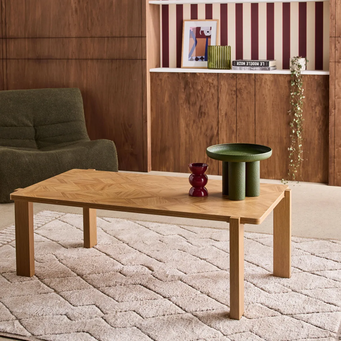 Tavolino da caffè vintage rettangolare in legno con piano effetto chevron