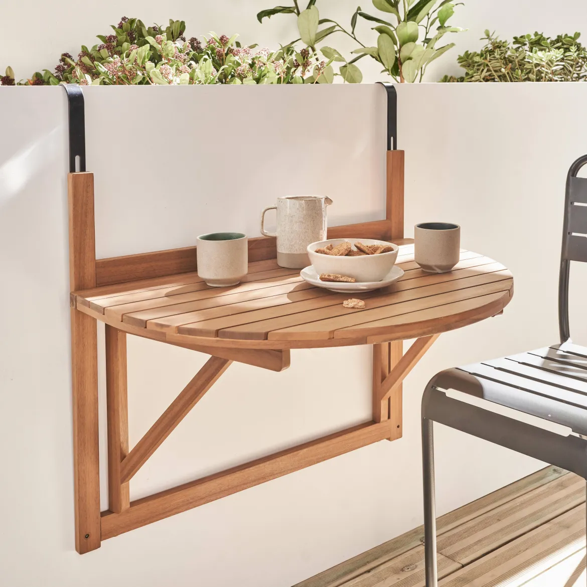 Tavolino in legno di acacia pieghevole semirotondo, 70cm