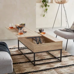 Tavolino industriale effetto legno con piano sollevabile