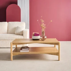 Tavolino rettangolare decorazione legno doppio ripiano