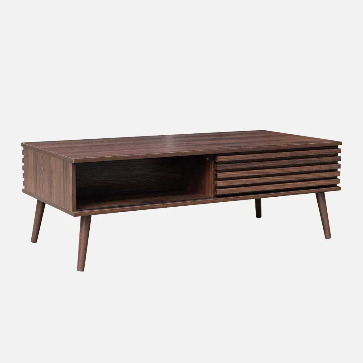 Tavolino scandinavo con ante scorrevoli, decoro in legno scanalato