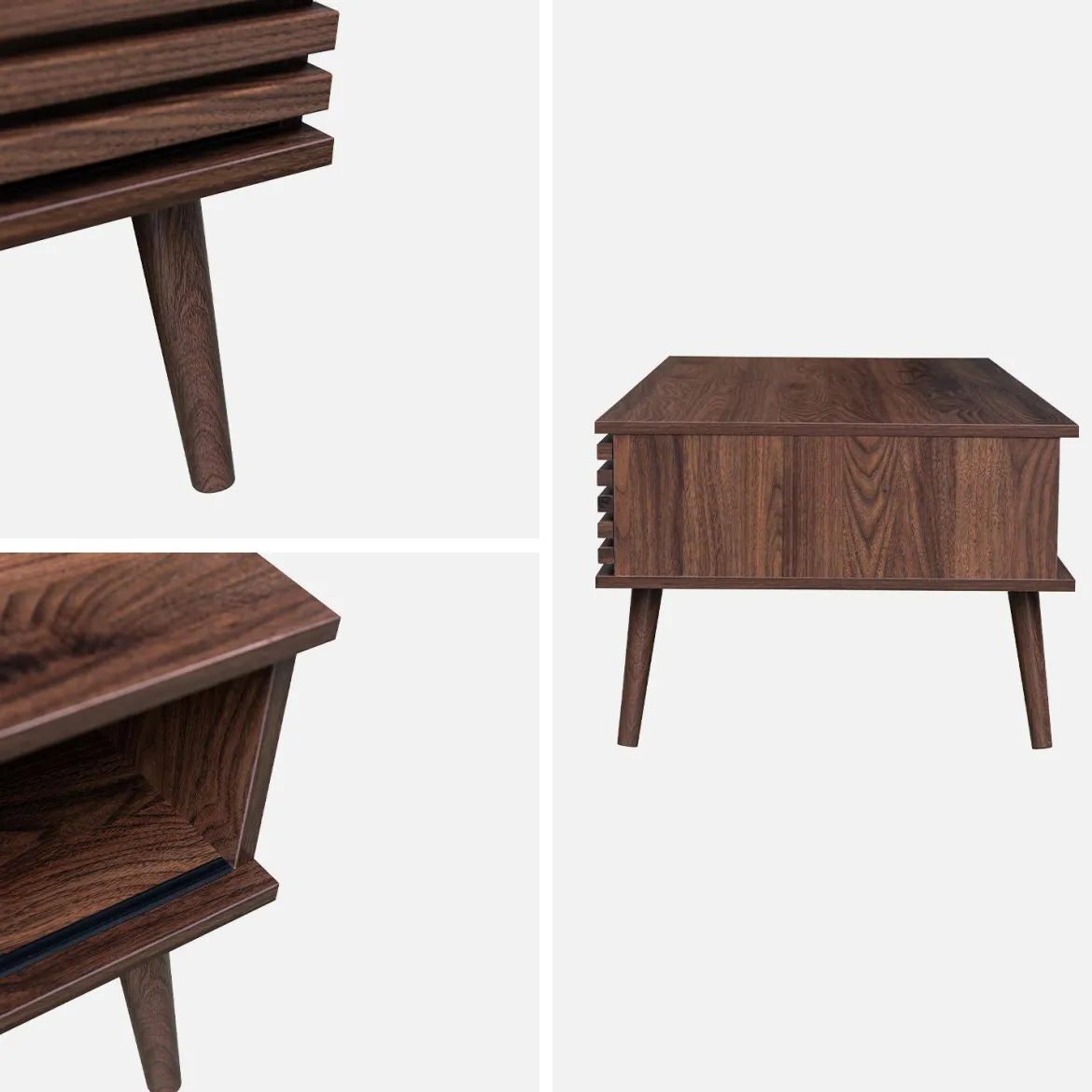 Tavolino scandinavo con ante scorrevoli, decoro in legno scanalato