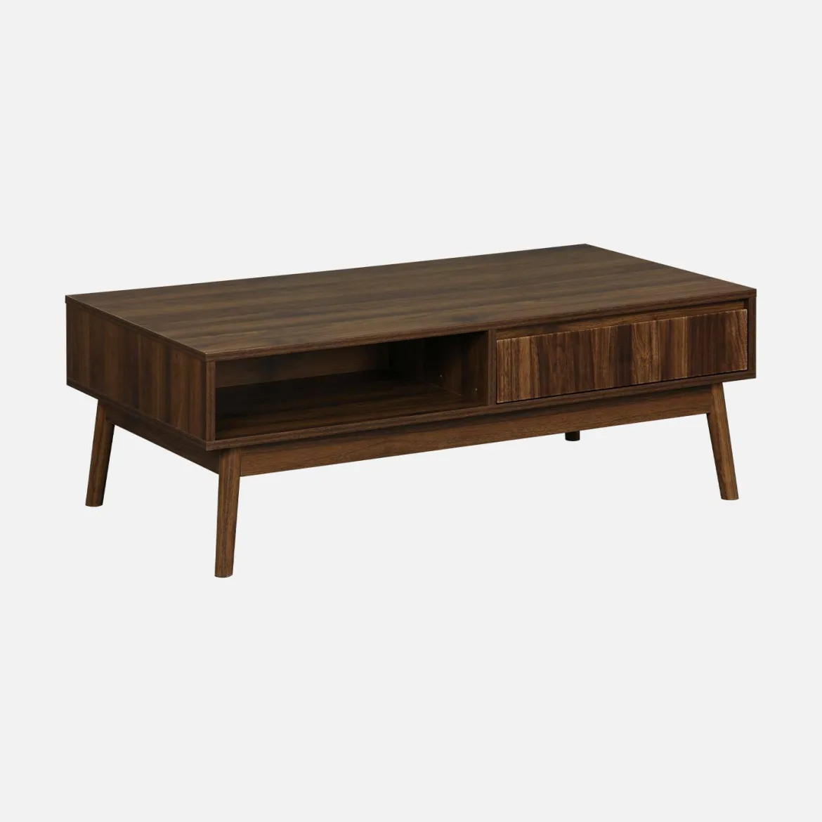 Tavolino scandinavo, decoro in legno scanalato, 2 nicchie, 1 cassetto