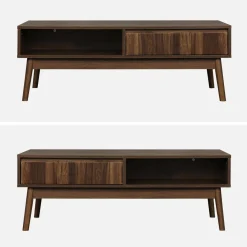 Tavolino scandinavo, decoro in legno scanalato, 2 nicchie, 1 cassetto