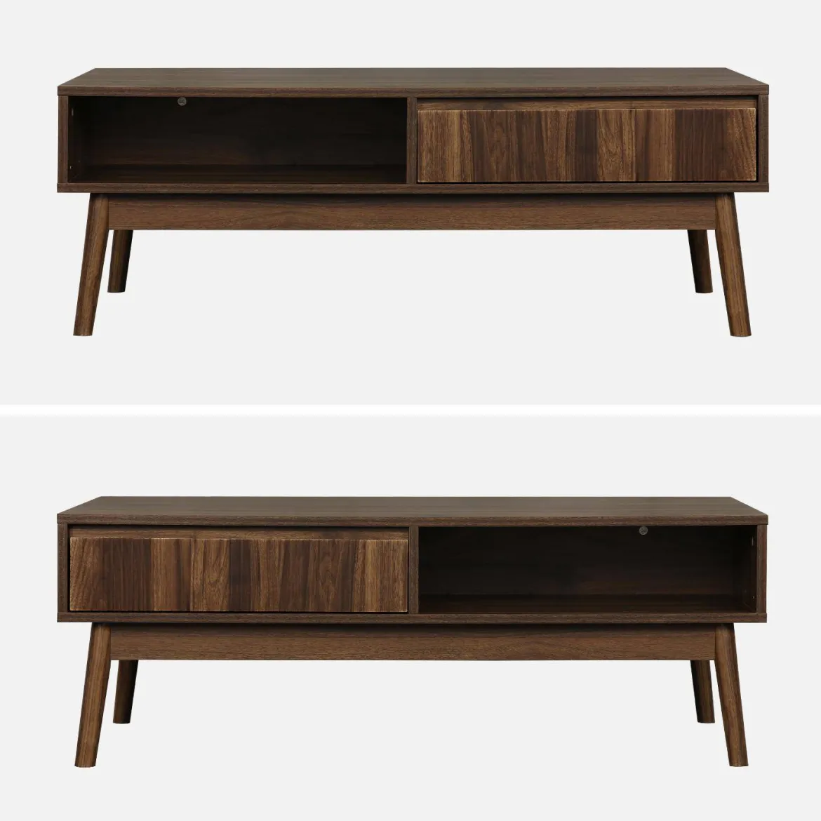 Tavolino scandinavo, decoro in legno scanalato, 2 nicchie, 1 cassetto