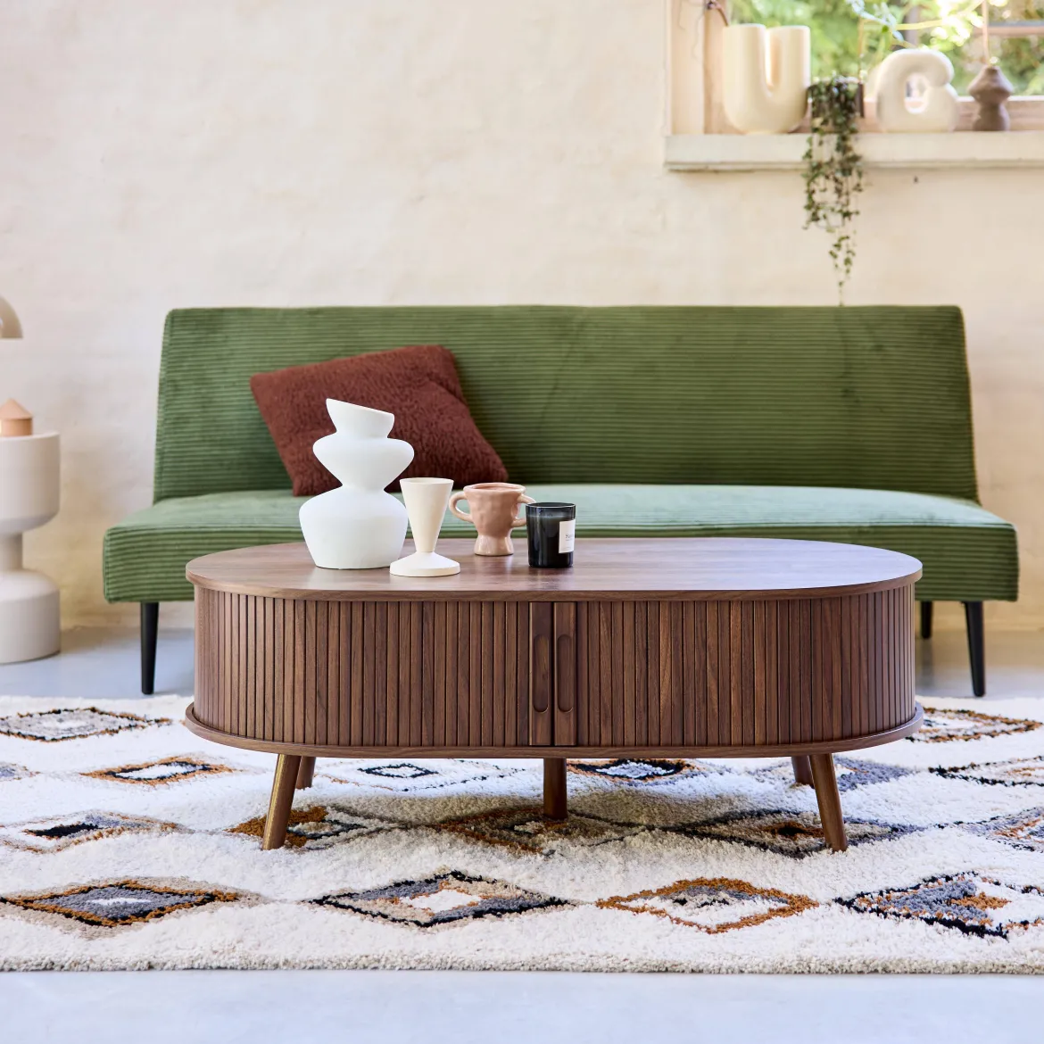 Tavolino scandinavo effetto legno scanalato 2 ante scorrevoli