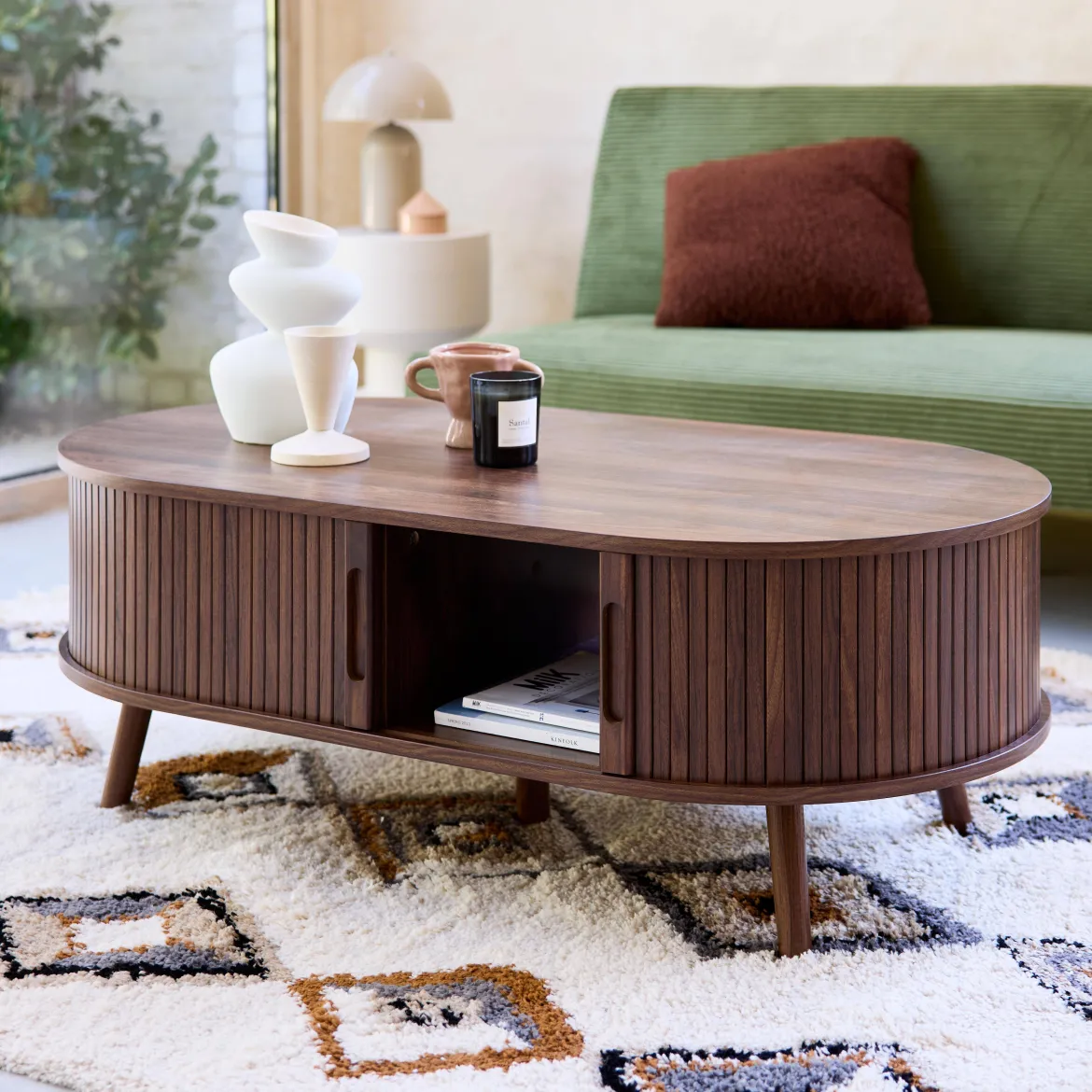 Tavolino scandinavo effetto legno scanalato 2 ante scorrevoli