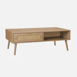 Tavolino scandinavo in canna intrecciata, 1 cassetto