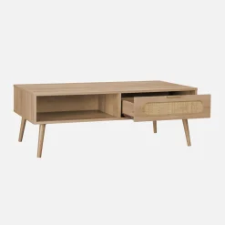 Tavolino scandinavo in canna intrecciata, 1 cassetto