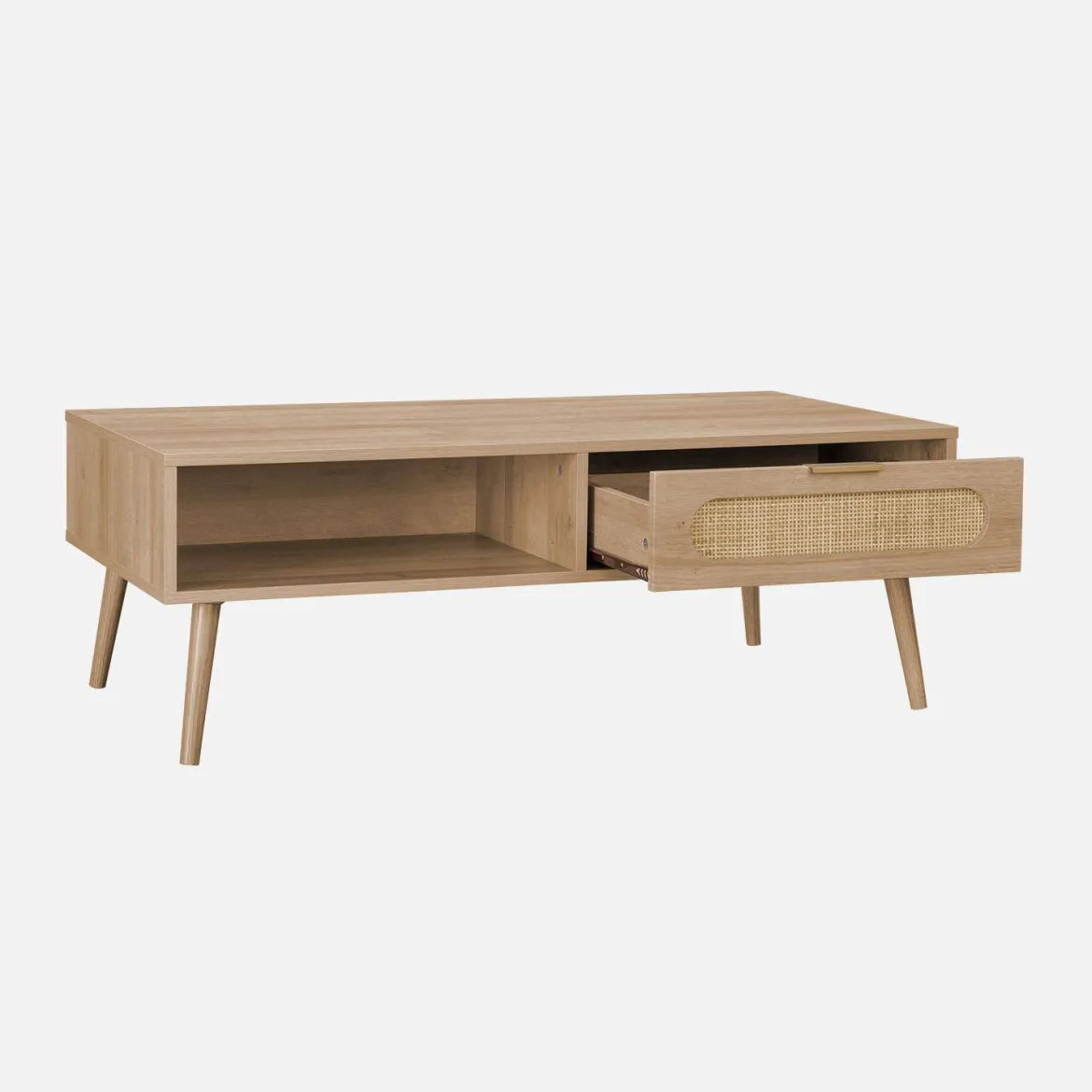 Tavolino scandinavo in canna intrecciata, 1 cassetto