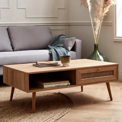 Tavolino scandinavo in vimini, 1 cassetto