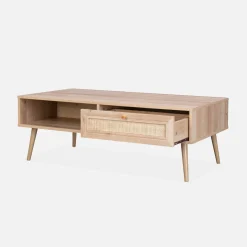 Tavolino scandinavo in vimini, 1 cassetto